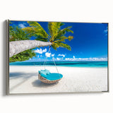 Framed canvas wall art depicting a serene Caribbean landscape in muted blues and greens, ideal for bedroom decor.