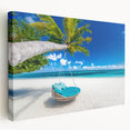 Large canvas print featuring a serene Caribbean beach scene with vivid blue and turquoise waters, ideal for kitchen wall art.