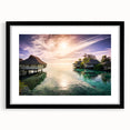 Extra large abstract art print of a colorful Caribbean scenery in a black frame, ideal for living room decor.