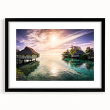 Extra large abstract art print of a colorful Caribbean scenery in a black frame, ideal for living room decor.