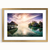 Abstract art print of a Caribbean seascape in vibrant blue and turquoise, framed in gold.