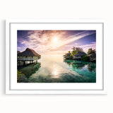 Textured abstract art print of a Caribbean scenery in muted blue and green tones on a framed white mat.
