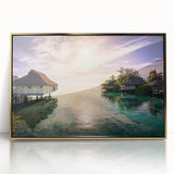 Art Deco style poster depicting a Caribbean scenery in vibrant tropical colors on a framed acrylic.