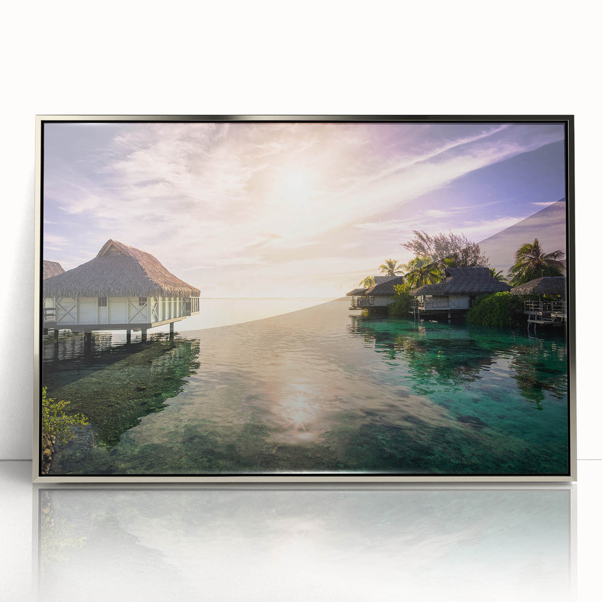 Large art print of a Caribbean scenery in Barbados, with vivid blue and green tones on a silver-framed acrylic.
