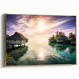 Vintage poster art of a Caribbean Barbados scenery in vibrant colors on a large framed canvas.