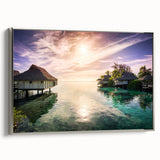 Framed canvas depicting a vintage-style landscape of the Caribbean, in muted blues and greens, ideal for bedroom wall art.