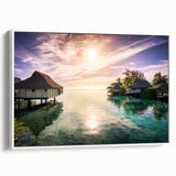 Landscape art painting of a Caribbean scene on framed canvas, featuring vibrant blues and greens.