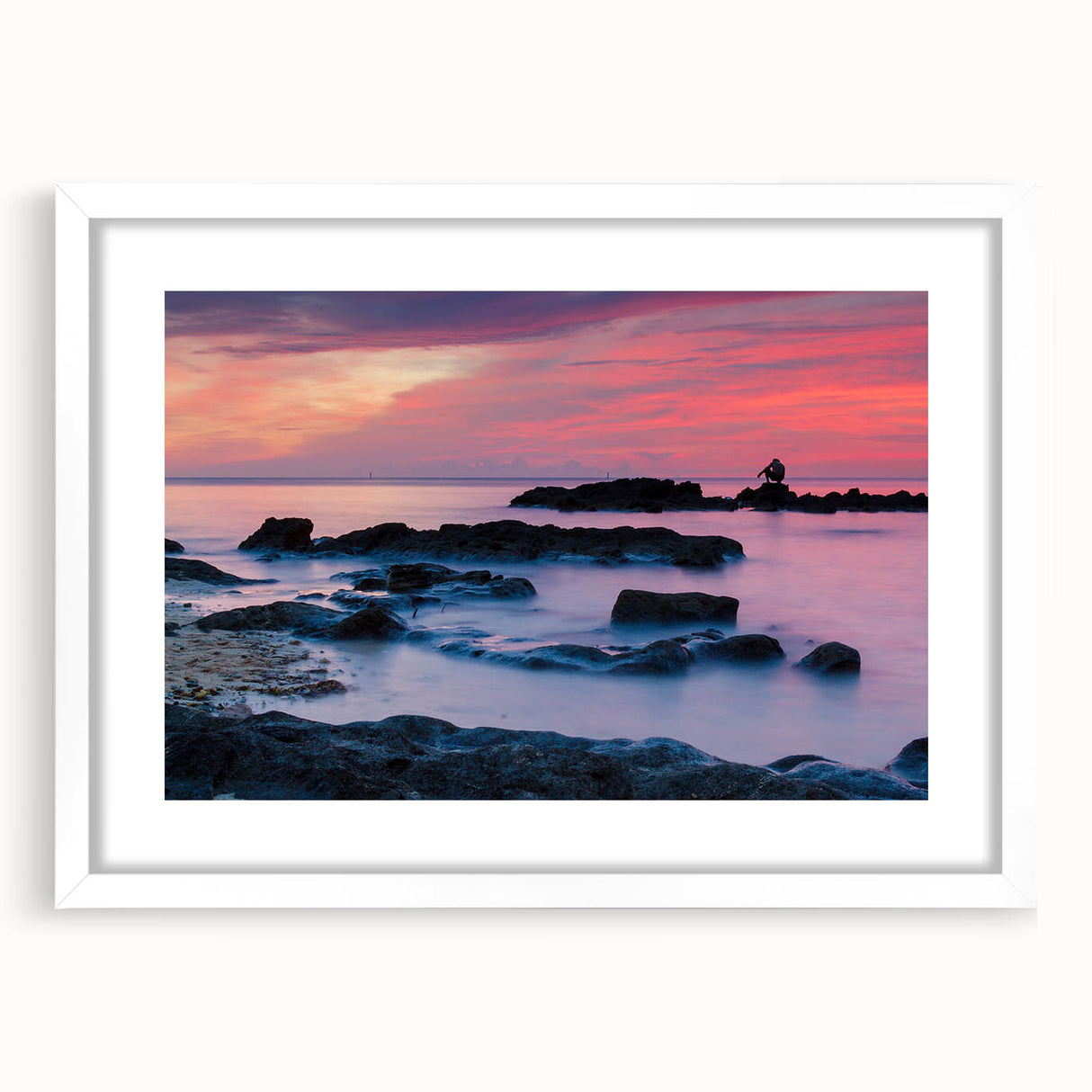 Textured art depicting an abstract Caribbean scene in blue and green tones on a framed white mat, ideal for bedroom art.
