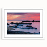 Textured art depicting an abstract Caribbean scene in blue and green tones on a framed white mat, ideal for bedroom art.