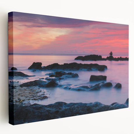 Large stretched canvas depicting a serene Caribbean beach scene, with soft blue and sandy hues, ideal for kitchen wall art.
