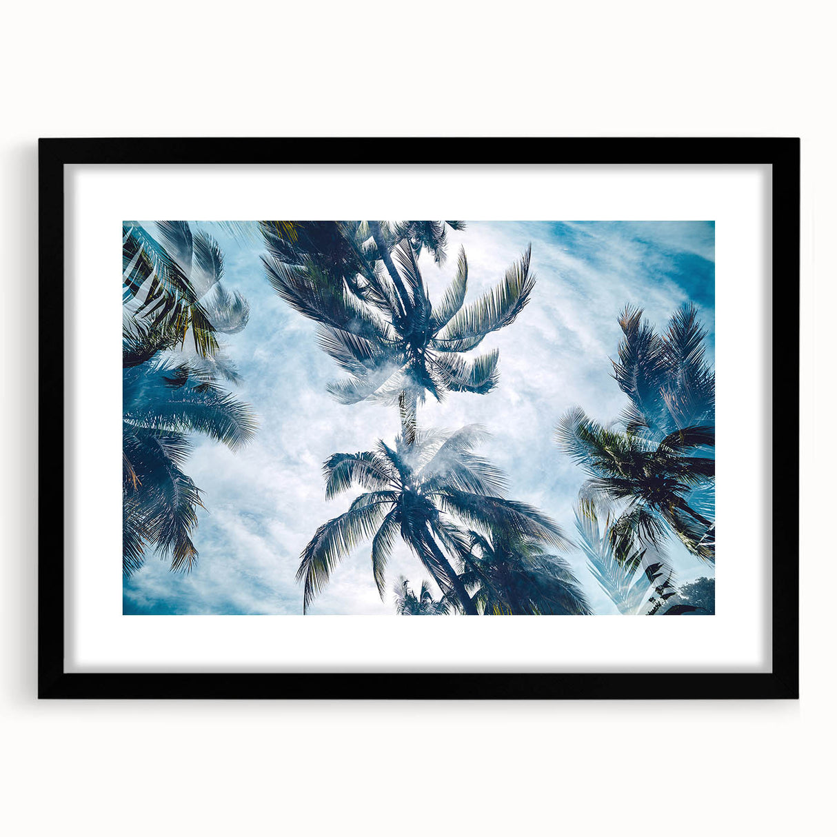 Colorful abstract art print of a Caribbean scenery in a black frame, ideal for living room decor.