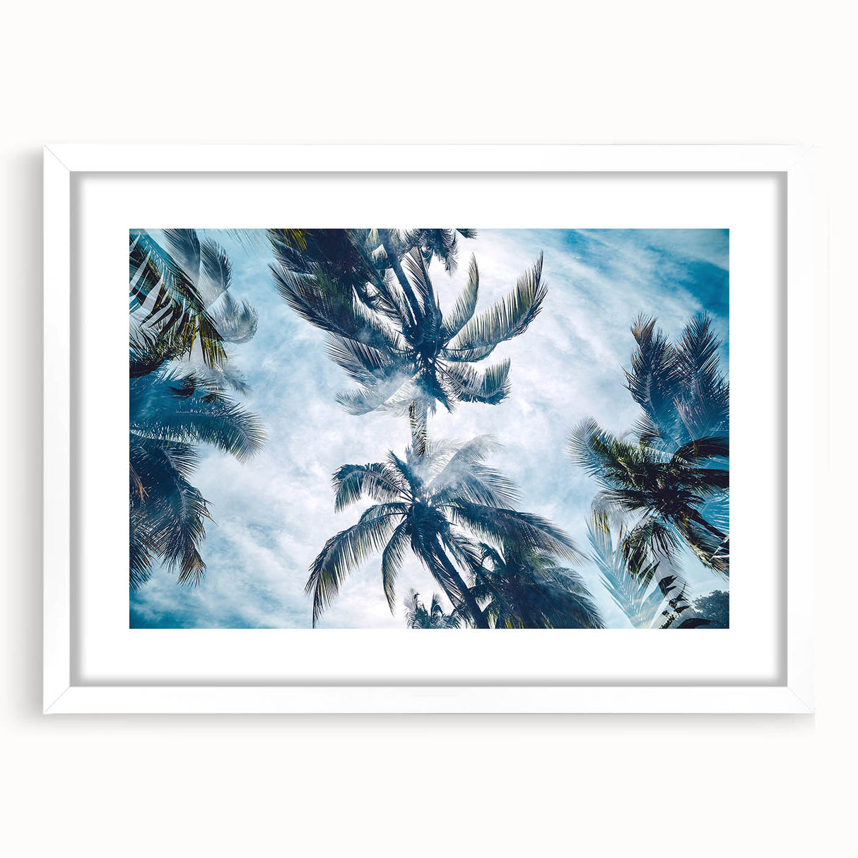 Extra large abstract art print of Caribbean scenery in a white frame, featuring textured blue and green hues.