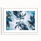 Extra large abstract art print of Caribbean scenery in a white frame, featuring textured blue and green hues.