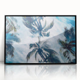 Large abstract wall art featuring a Caribbean scenery in muted blues and greens on a framed acrylic.