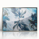 Mid-century modernist acrylic print of a Caribbean scenery in silver frame, ideal for nursery wall decor.