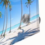 Large abstract wall art of a Caribbean seascape in vibrant blue tones on acrylic glass, ideal for dining room decor.