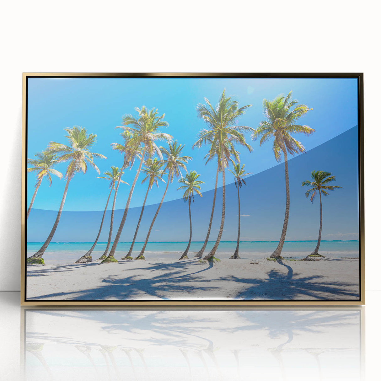 Mid-century modernist art depicting a Caribbean scenery in vibrant colors on a framed acrylic print.