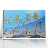 Large art print of a Caribbean beach scene on framed acrylic, with pastel blue and white tones.