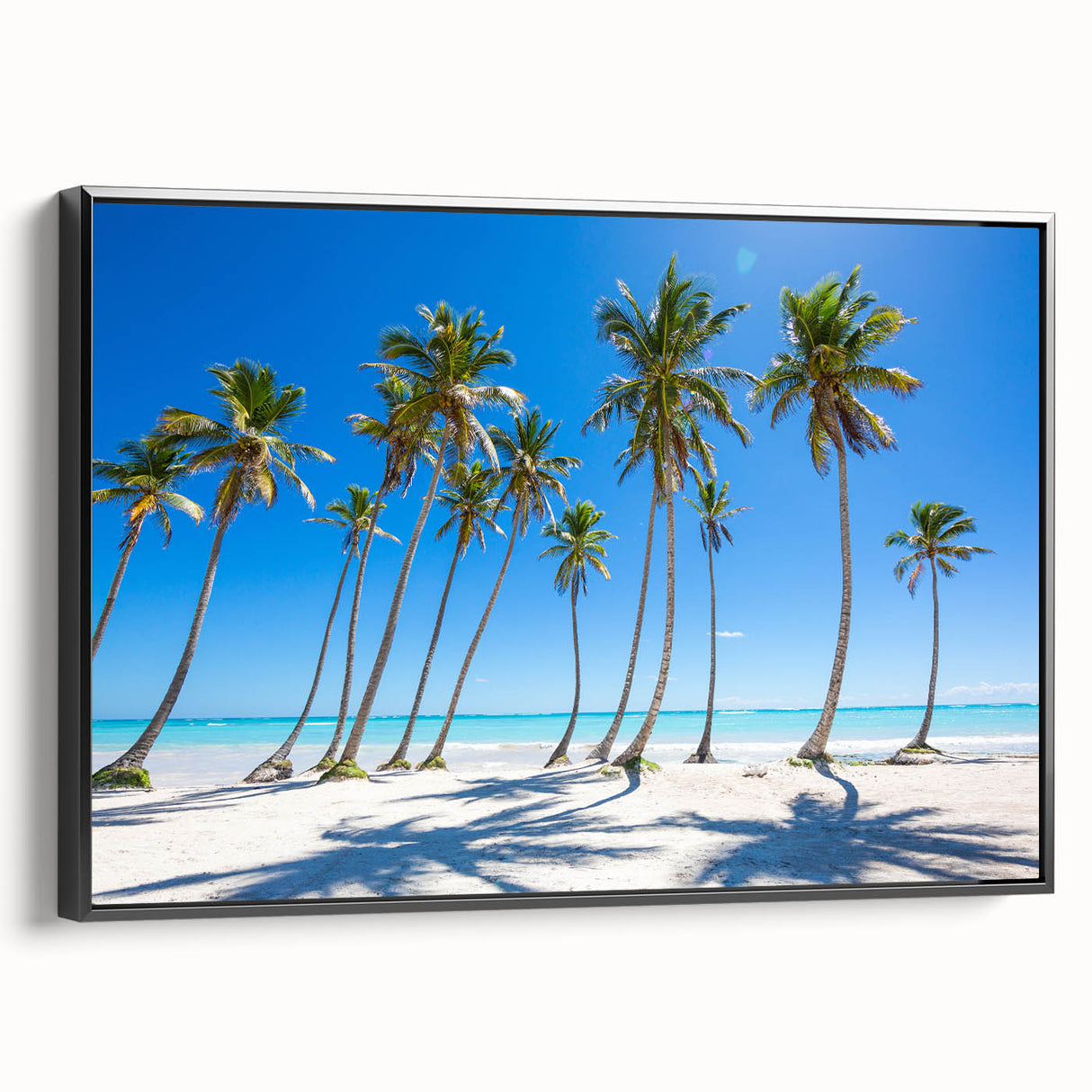 Black and white landscape art painting of a Caribbean scene on framed canvas, ideal for bedroom wall decor.