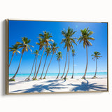 Vintage poster art featuring a Caribbean scene on framed canvas, with vibrant colors, perfect for large living room walls.