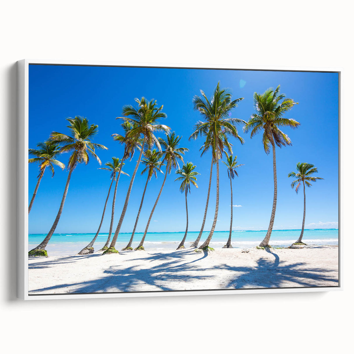 Framed canvas featuring a colorful Caribbean landscape with vibrant blue and green tones.