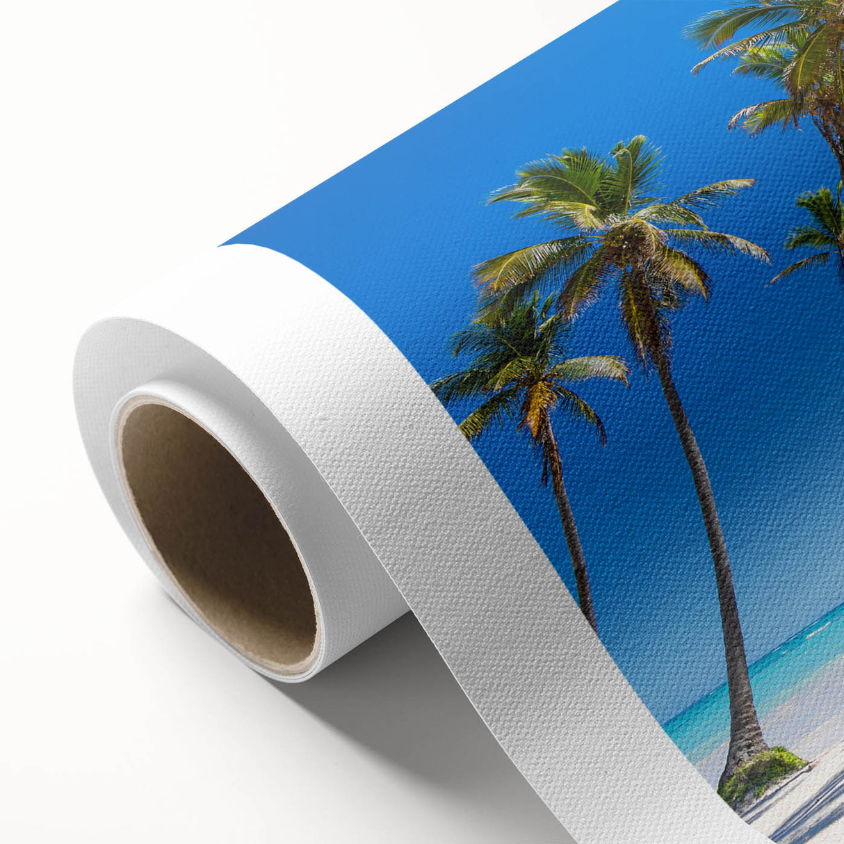 Art Deco poster of a Caribbean landscape on rolled canvas, featuring muted blue and green tones, ideal for nursery wall art.