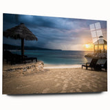 Large abstract wall art depicting a Caribbean seascape in vibrant blue and green tones on acrylic glass.