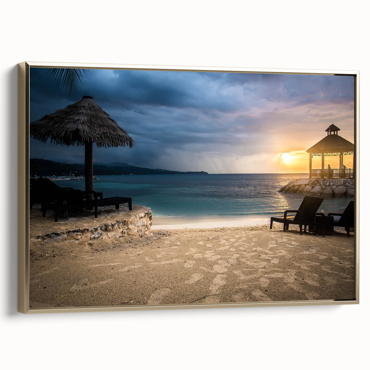 Framed canvas featuring a vintage-style Jamaican landscape with lush greenery and a golden frame, ideal for bedroom wall art.