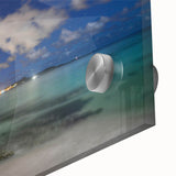 Large abstract wall art of a Caribbean scenery on acrylic glass, featuring vibrant blue and green tones.