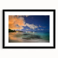 Extra large abstract art print of a vibrant Caribbean scenery on textured canvas, framed in black.
