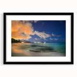 Extra large abstract art print of a vibrant Caribbean scenery on textured canvas, framed in black.