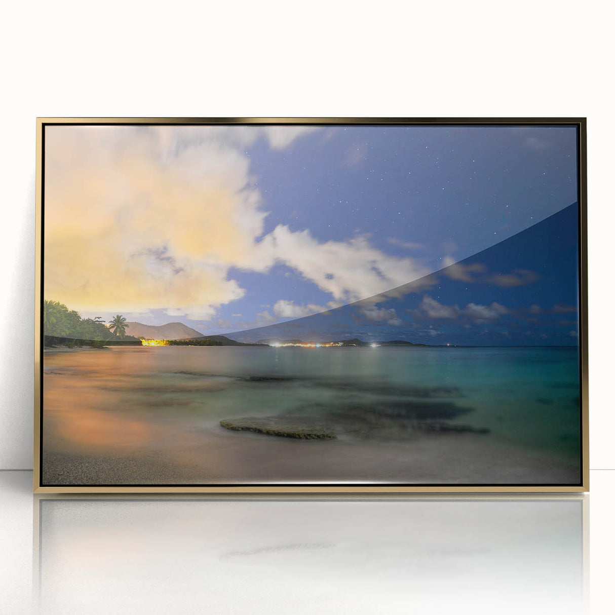 Art deco poster of Caribbean Martinique scenery in gold framed acrylic, ideal for modern art wall decor.