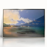 Framed acrylic print of a Caribbean scenery in muted green and blue tones, suitable for modern art wall decor.