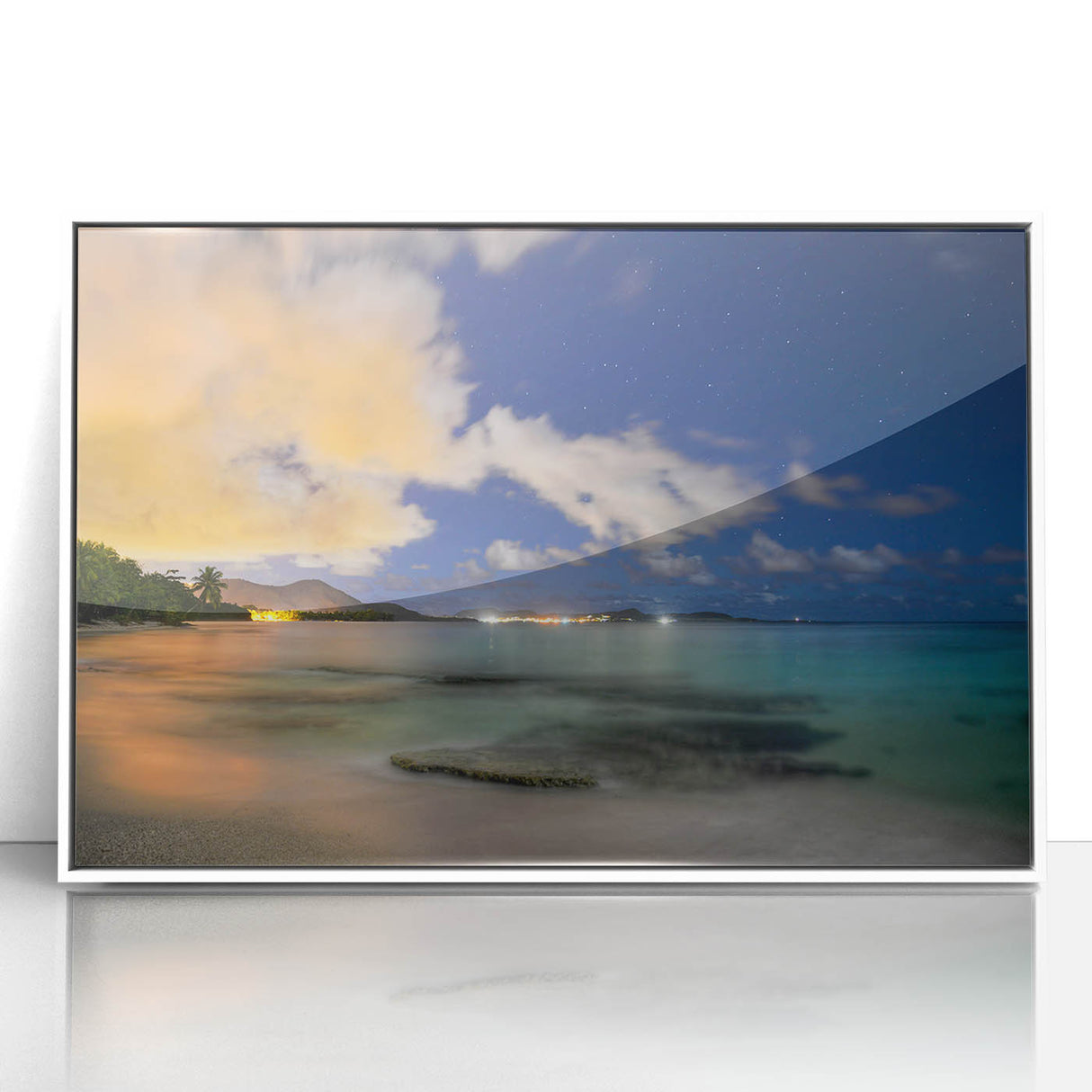 Mid-century modernist art depicting a Caribbean Martinique scenery in muted pastel hues on a framed acrylic print.