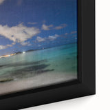 Extra large framed canvas featuring a textured depiction of a Caribbean scenery in black with colorful accents.