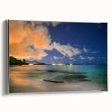 Landscape art painting of a Caribbean scenery on framed canvas, featuring vibrant blue and green tones.
