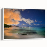Vintage poster art of a Caribbean scenery on framed canvas, featuring vibrant colorful art, ideal for living room decor.