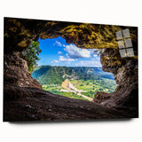 Large abstract wall art of a serene Puerto Rican coastline in soft blue and white tones on acrylic glass.