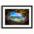 Extra large abstract art print of a vibrant Caribbean scenery on textured canvas, framed in black.