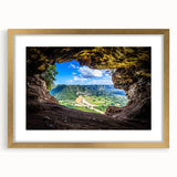 Abstract art print depicting a vibrant Caribbean scenery in gold frame, ideal for dining room decor.