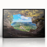 Large abstract wall art depicting a Caribbean landscape in vibrant blues and greens on a framed acrylic.