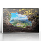 Mid-century modernist art of a Caribbean scene in acrylic, framed in white, featuring serene blue and green tones.