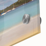 Large abstract wall art of Caribbean Saint Lucia scenery in vibrant hues on acrylic glass, suitable for dining room ambiance.
