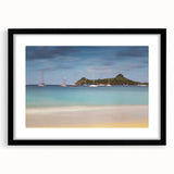 Extra large framed wall art depicting an abstract Caribbean scenery in vibrant colors, ideal for living room decor.