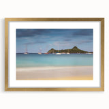 Extra large abstract art print of Caribbean Saint Lucia in textured style, framed in gold, ideal for living room decor.