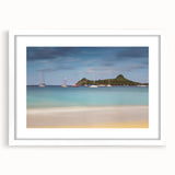 Abstract art print of Caribbean Saint Lucia scenery in muted blue and green tones on a white framed mat.