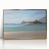 Mid-century modernist art depicting the Caribbean Saint Lucia scenery in silver-framed acrylic.