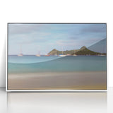 Art deco poster featuring a serene Saint Lucia scenery in pastel shades, white framed acrylic.