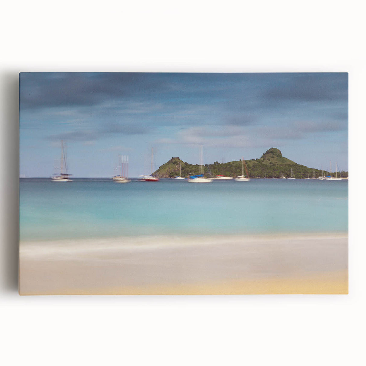 Black and white stretched canvas featuring a panoramic view of Saint Lucia, suitable for kitchen art.