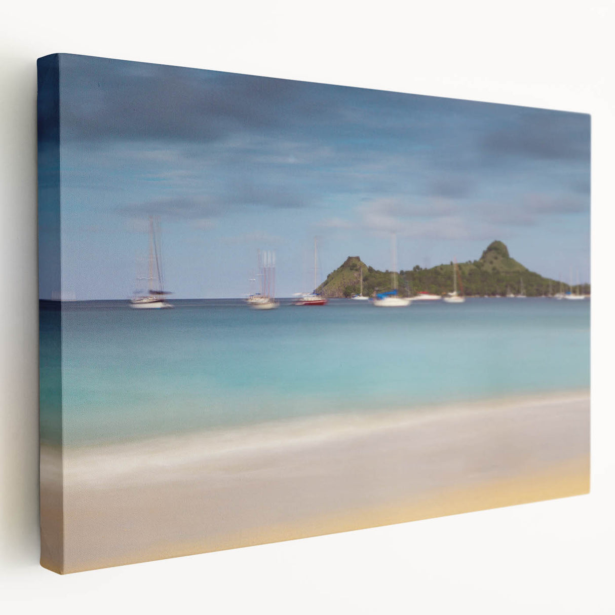 Stretched canvas wall art featuring a Caribbean beach scene with vibrant blue and green tones, ideal for kitchen wall decor.